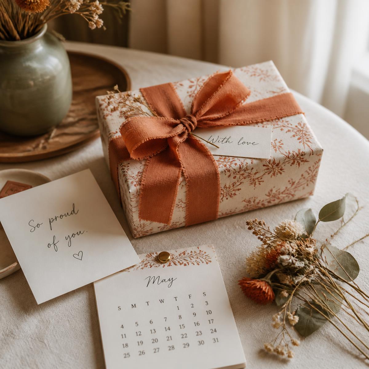 A wrapped gift, handwritten card and calendar on a warm linen table